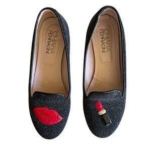 Chiara Ferragni Flogger Nero Glitter Loafers with Red Lip Accent